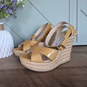 Jimmy Choo Yellow Patent Leather Espadrille Wedge Sandals